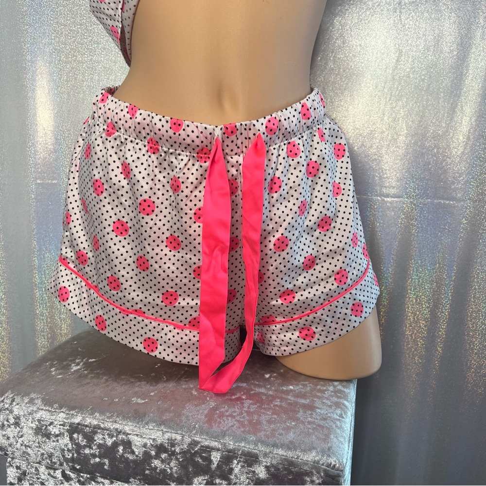 Victoria secret 2 piece silky satiny set tank and shorts polkadot neon pink y2k - Picture 3 of 13